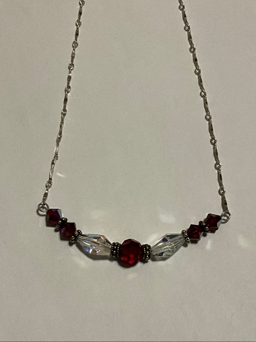 Red Crystal Bead Necklace with Sterling Silver Chain